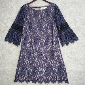 Eliza J Dress Womens 12 Sheath 3/4 Bell Sleeves Lace Lined Scallop Edge Purple